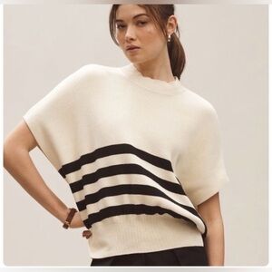 Anthropologie Maeve Cream & Black Striped Short-Sleeve Knit Sweater. NWT